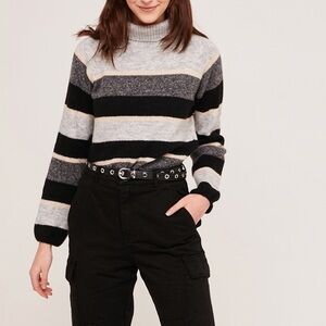 Striped Turtleneck Sweater in Black and Gray cropped